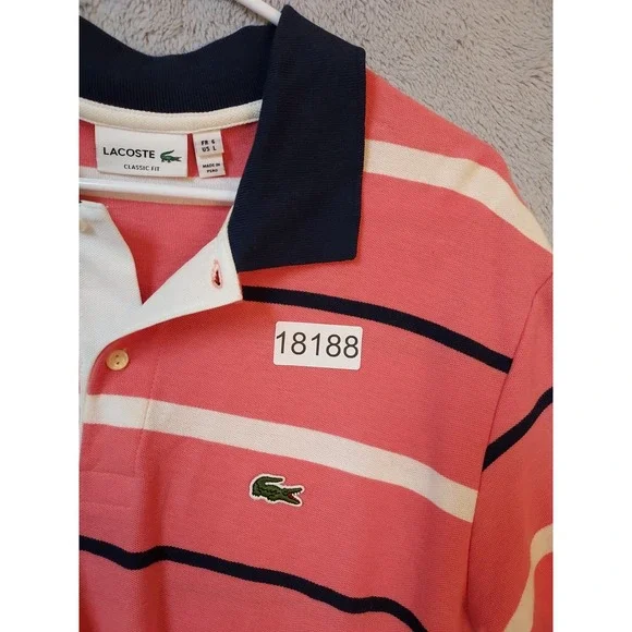 Lacoste Polo Shirt Mens Large Size 7 Striped Pink Classic Fit Preppy Contrast L - Picture 9 of 9